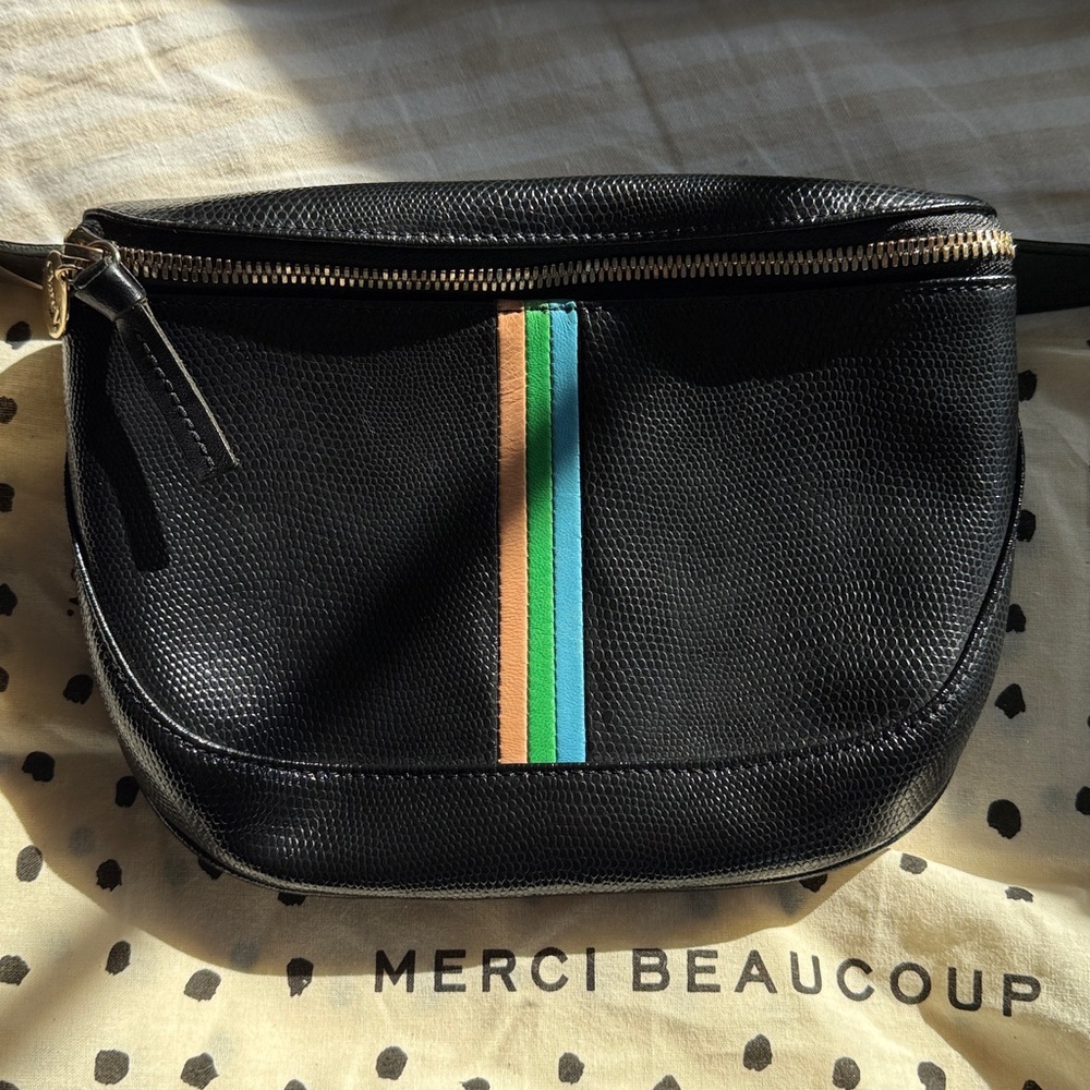 Clare V Black Leather Fanny Bag w/ Stripes